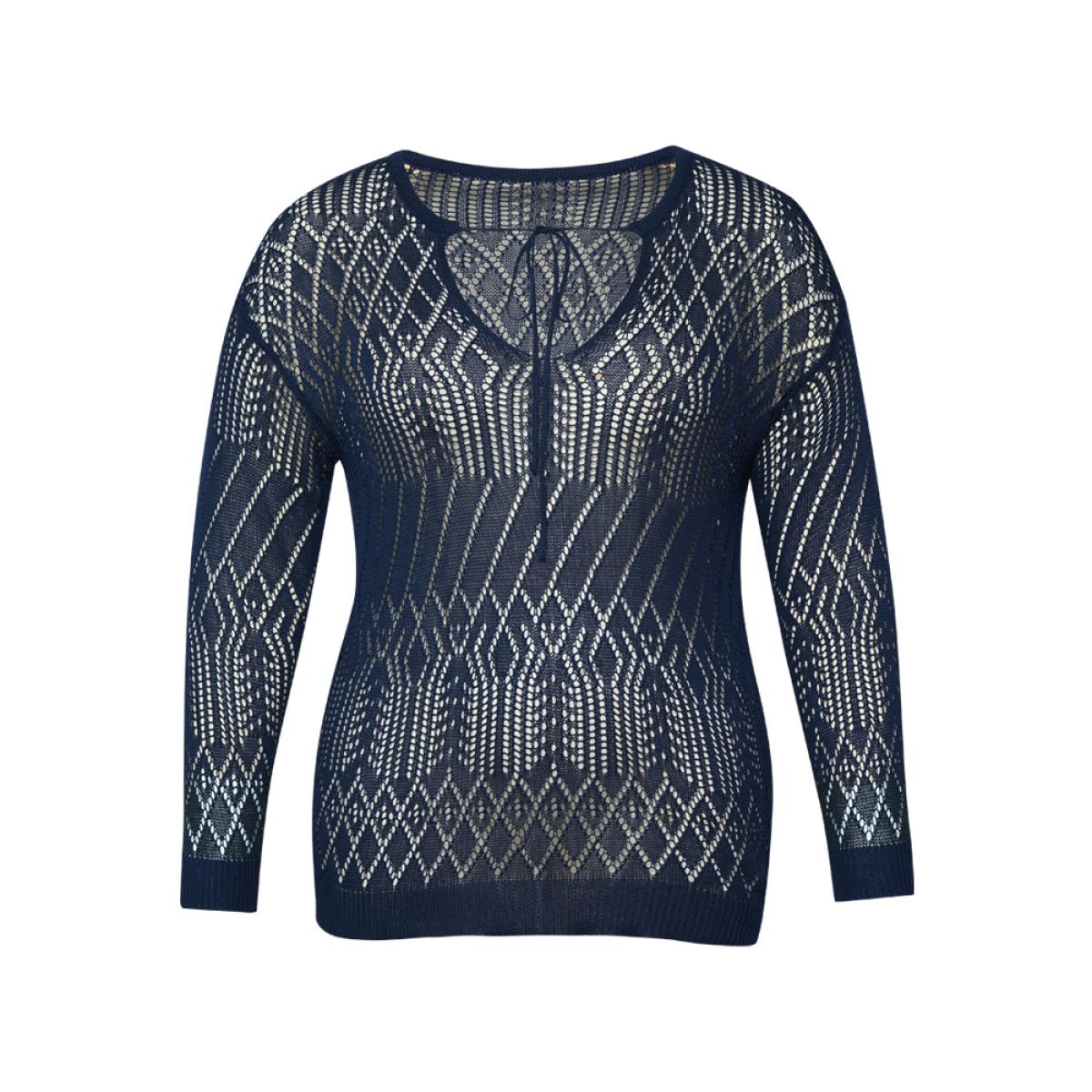 Plus Size Plain Geometric Hollow Out Knot Neck Pullover Indigo Women Casual Long Sleeve V-neck Everyday Pullovers BloomChic 10/M Product Image