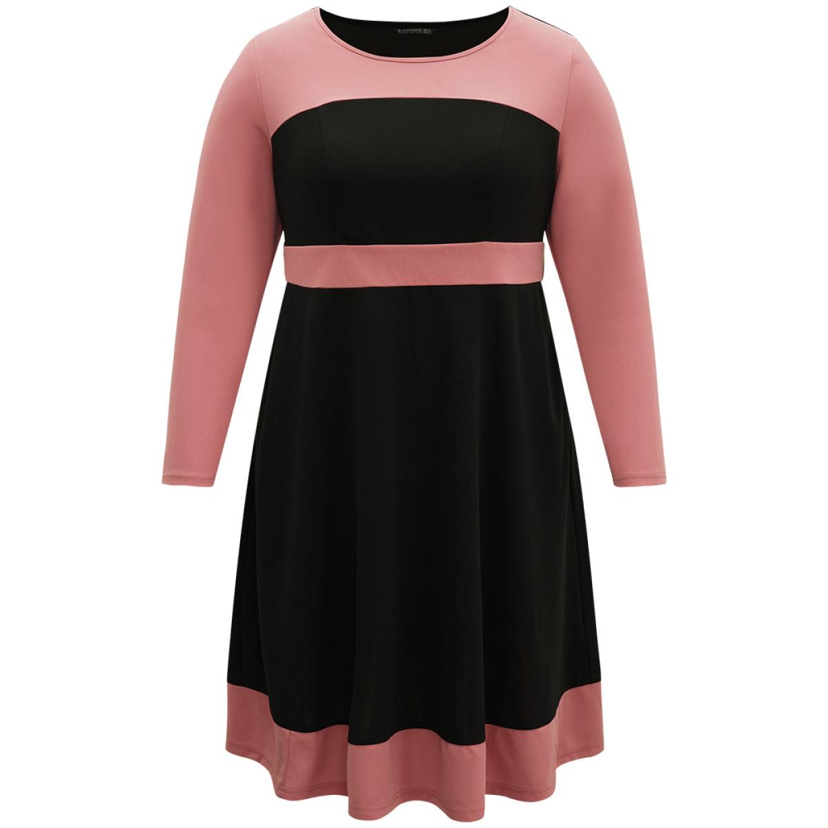 Plus Size Colorblock Contrast Ruffle Hem Dress Black Women Office Contrast Round Neck Long Sleeve Curvy Midi Dress BloomChic 22-24/3X Product Image