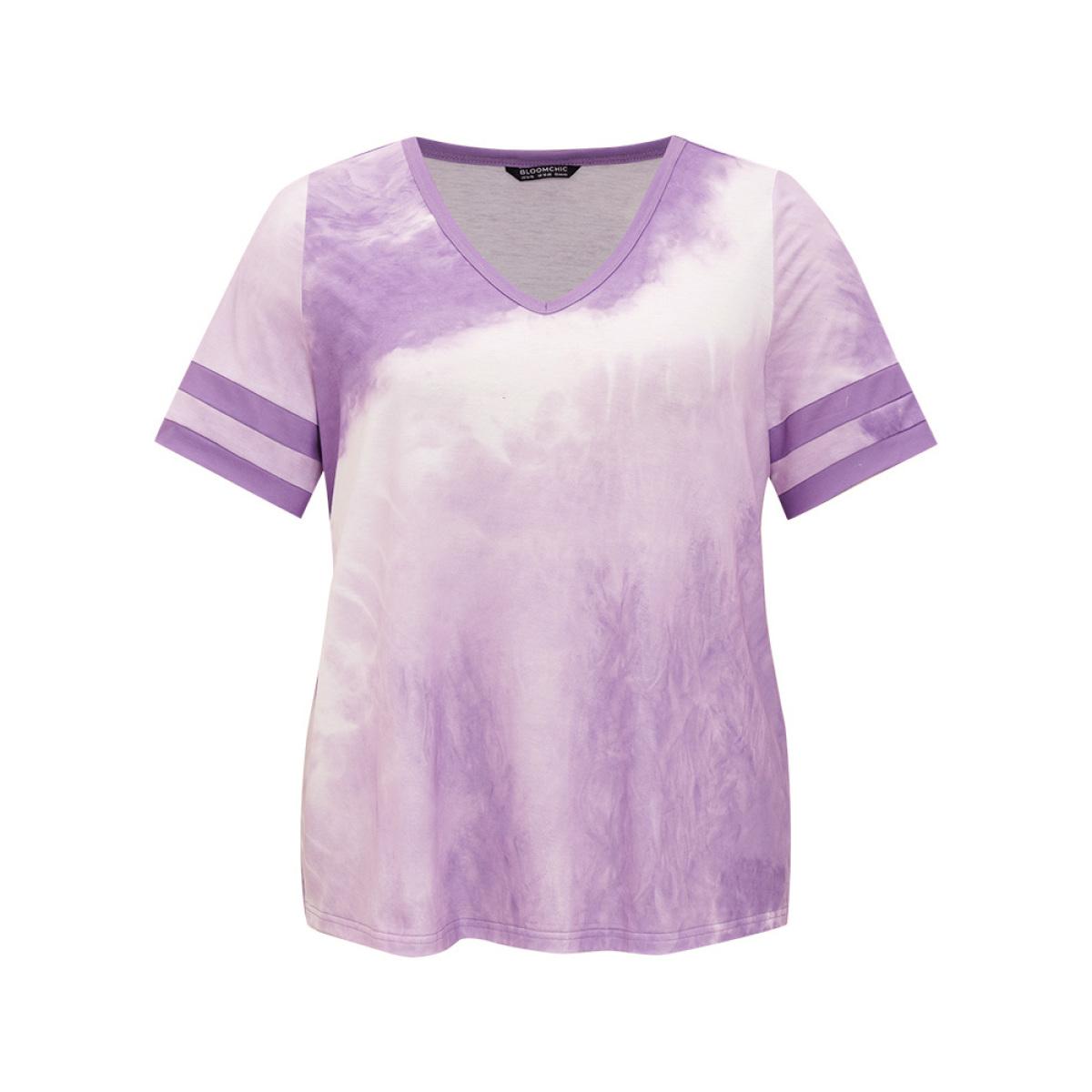 Plus Size Tie Dye V Neck Contrast Trim T-shirt Lilac Women Casual Contrast Tie Dye V-neck Dailywear T-shirts BloomChic 10/M Product Image