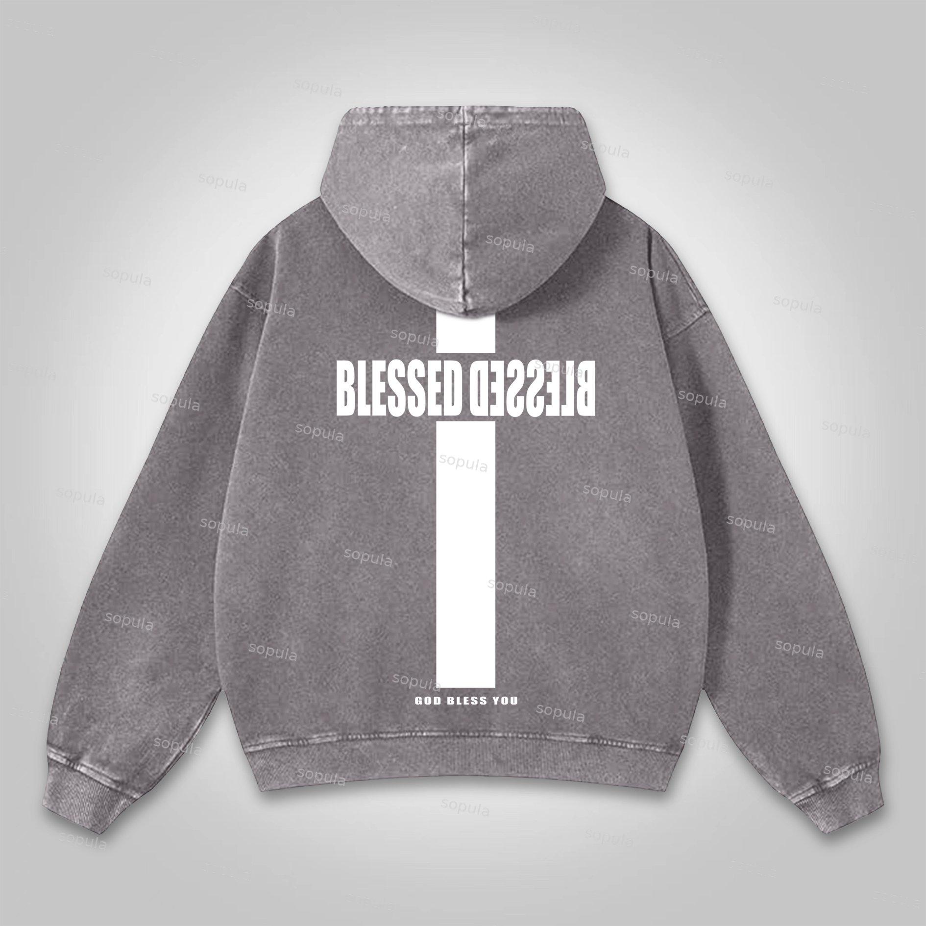 Sopula Vintage Blessed Cross God Bless You Graphic Washed Hoodie Product Image