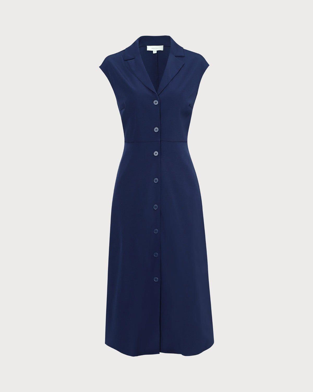 The Navy V Neck Button Cap Sleeve Midi Dress Product Image