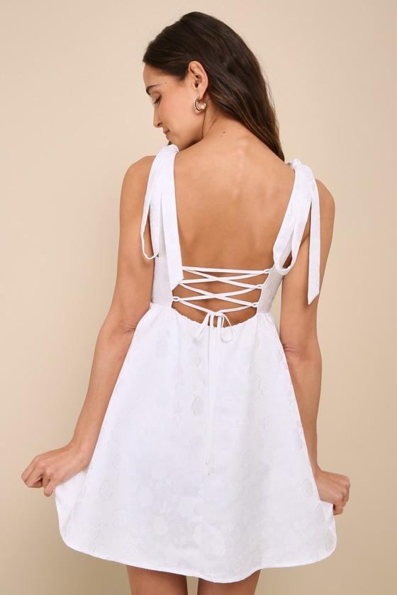 Precious Allure White Jacquard Tie-Strap Mini Dress Product Image