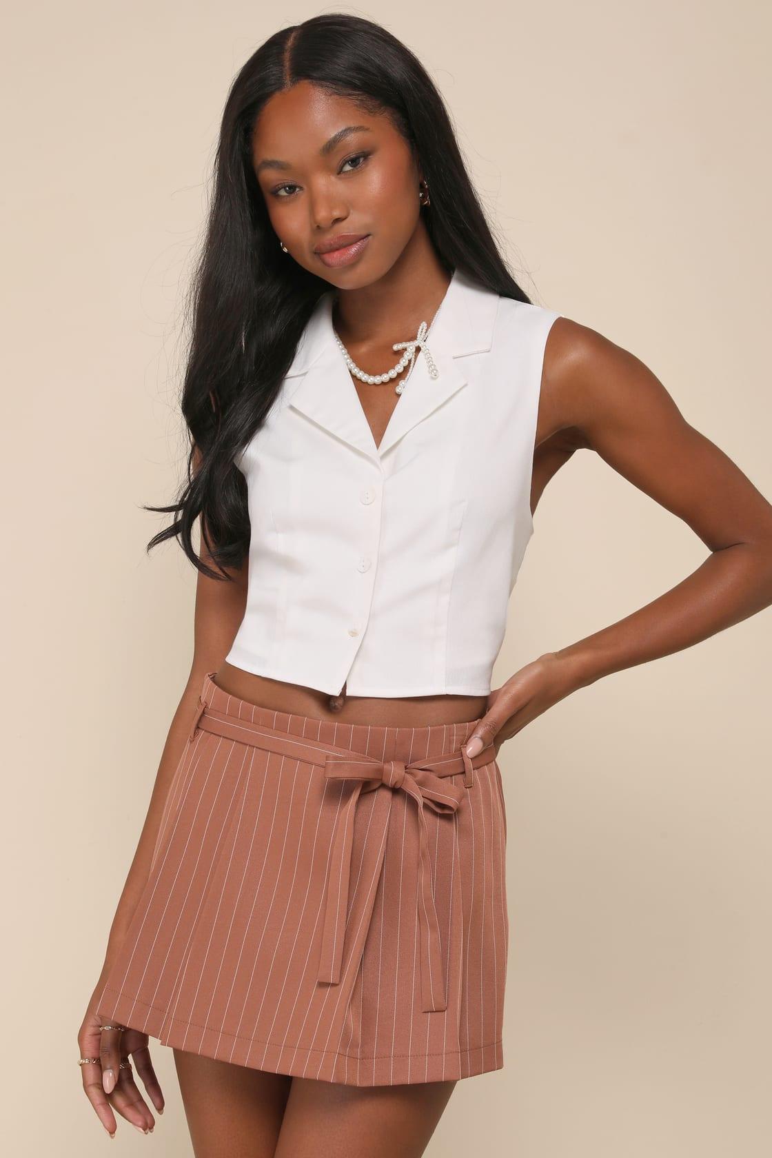 Bound to Charm Brown Pinstriped Pleated High-Rise Skort Product Image