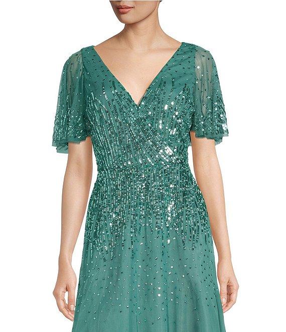 Aidan Mattox Beaded V-Neck Short Sleeve A-Line Midi Dress Product Image