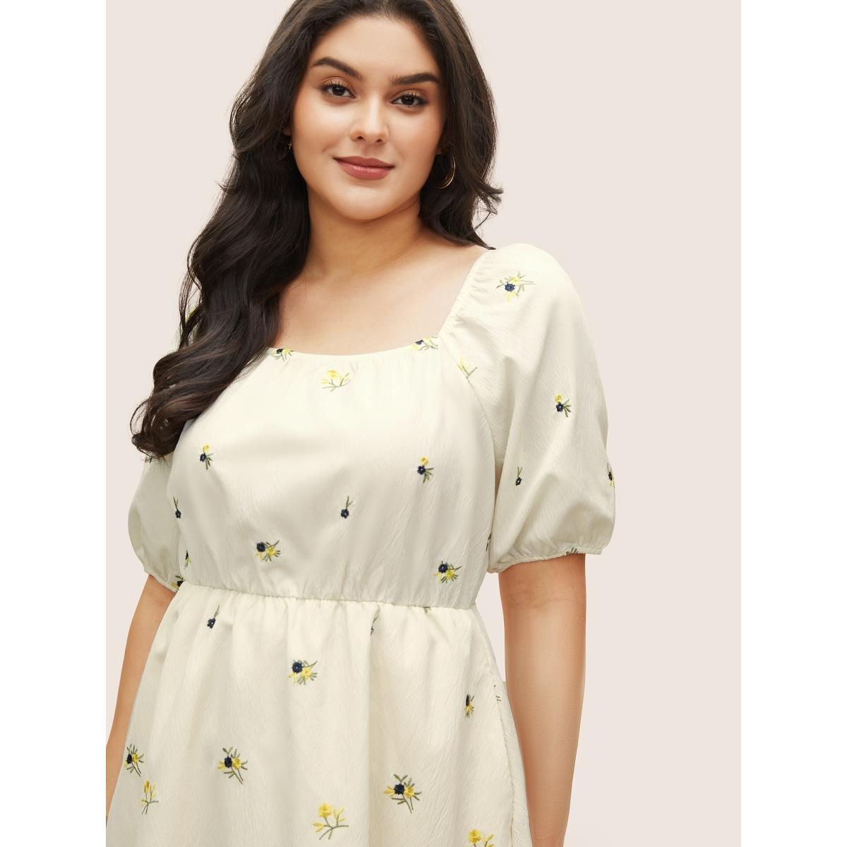 Plus Size Ditsy Floral Embroidered Square Neck Elastic Cuffs Dress Apricot Women Elegant Non Square Neck Short sleeve Curvy Midi Dress BloomChic 12/L Product Image