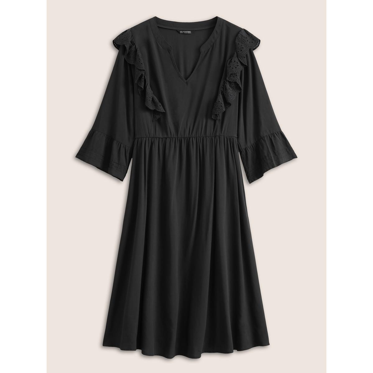 Plus Size Solid Laser Cut Flutter Trim Bell Sleeve Dress Black Women Elegant Non Notched collar Elbow-length sleeve Curvy Knee Dress BloomChic 28/5X Product Image
