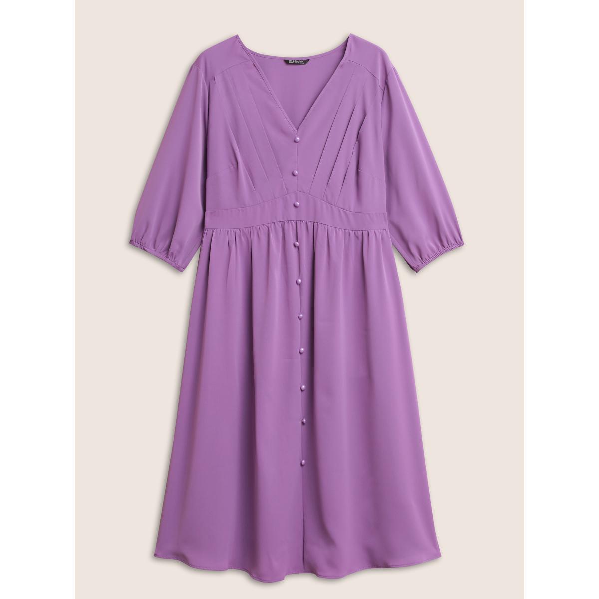 Plus Size Solid Patchwork Pleated Button Detail Dress Mauve Women At the Office Non V-neck Elbow-length sleeve Curvy Midi Dress BloomChic 30/6X Product Image