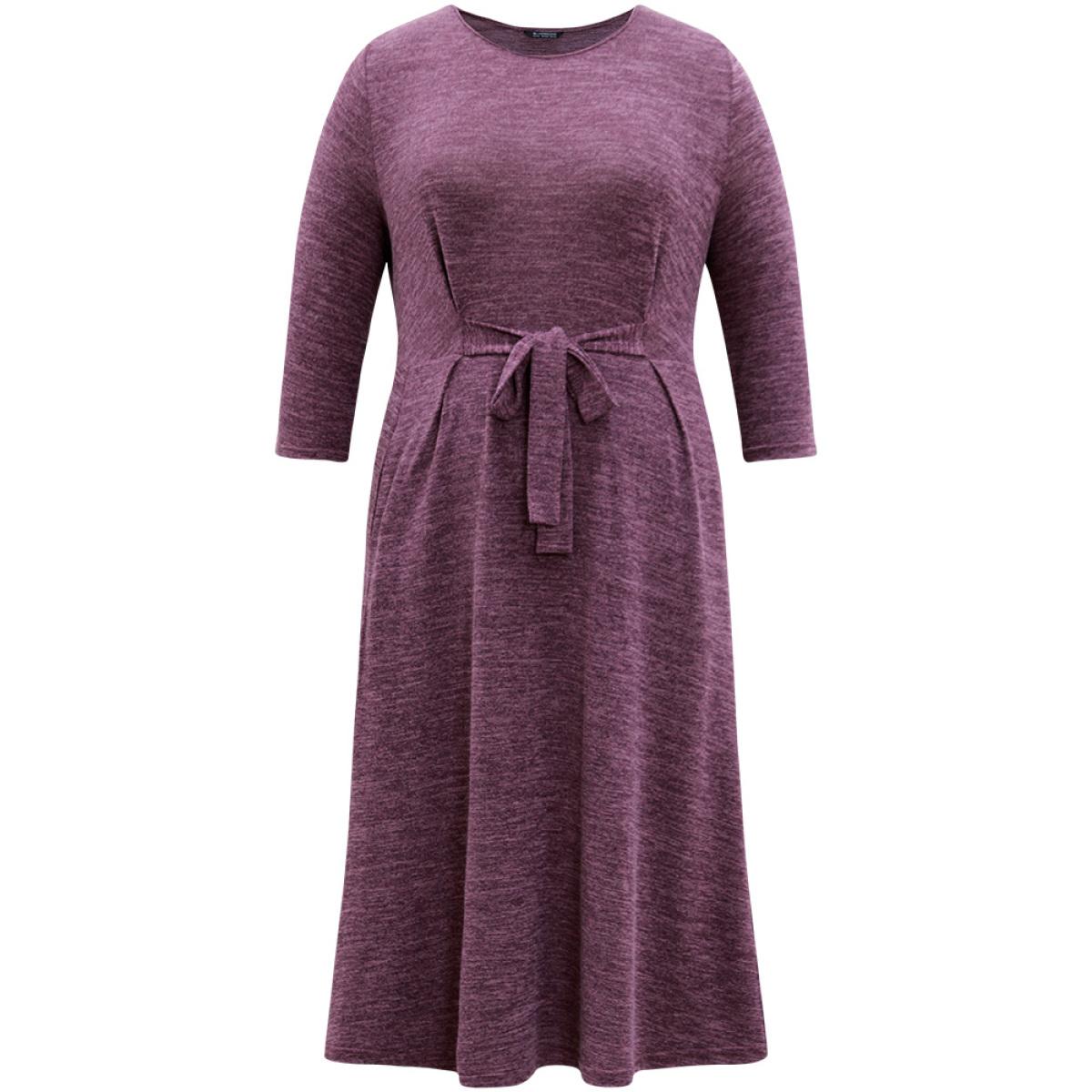 Plus Size Solid Heather Ties Pocket Dress RedViolet Women Casual Plain Round Neck Elbow-length sleeve Curvy Midi Dress BloomChic 30/6X Product Image