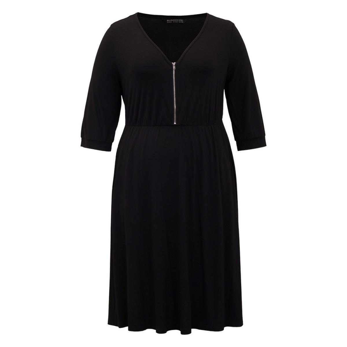Plus Size Plain Pocket Elastic Waist Zipper Dress Black Women Office Plain V-neck Elbow-length sleeve Curvy Midi Dress BloomChic 14-16/1X Product Image