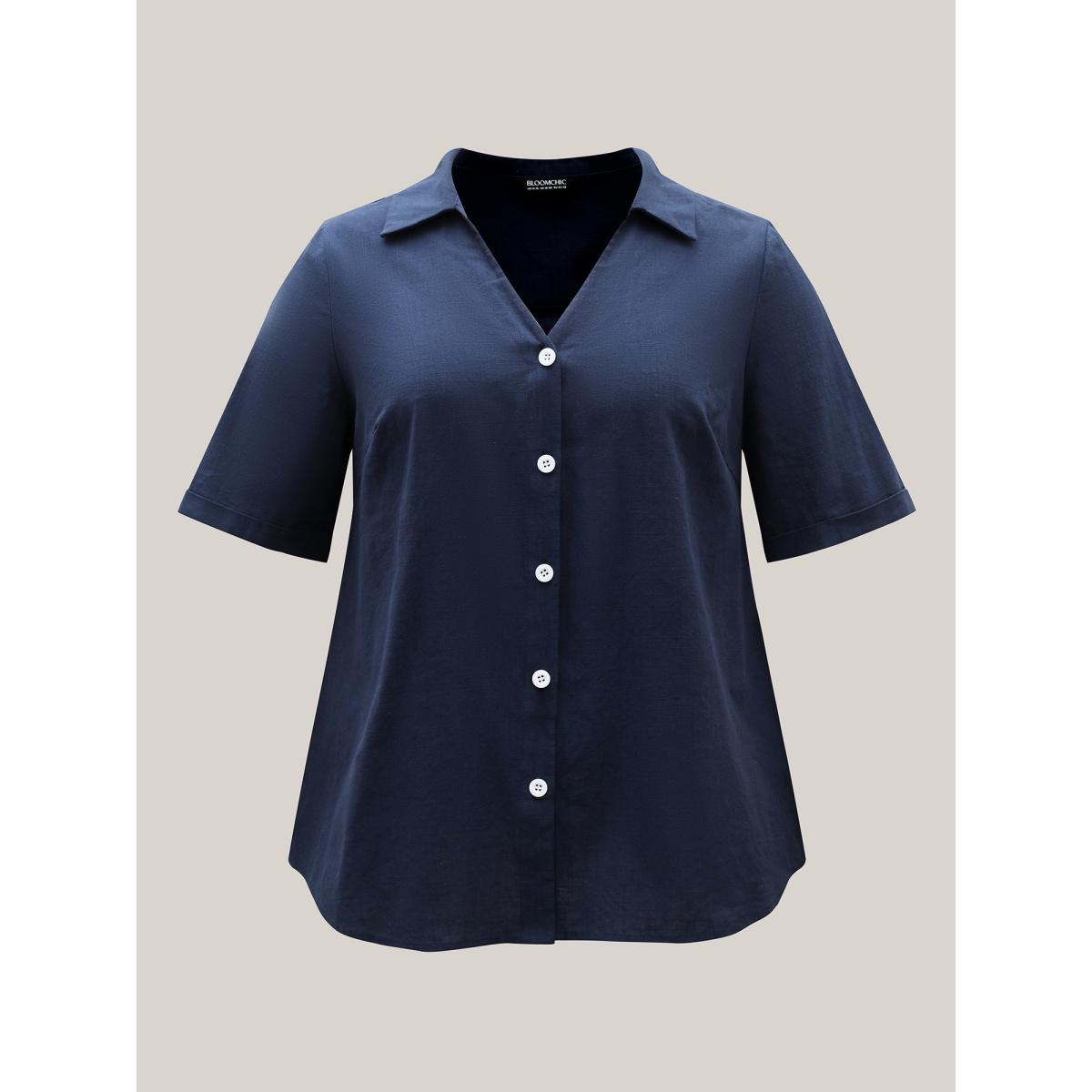 Plus Size Indigo Cotton Collar Button Placket Blouse Women Leisure Half Sleeve Shirt collar Casual Blouses BloomChic 18-20/2X Product Image