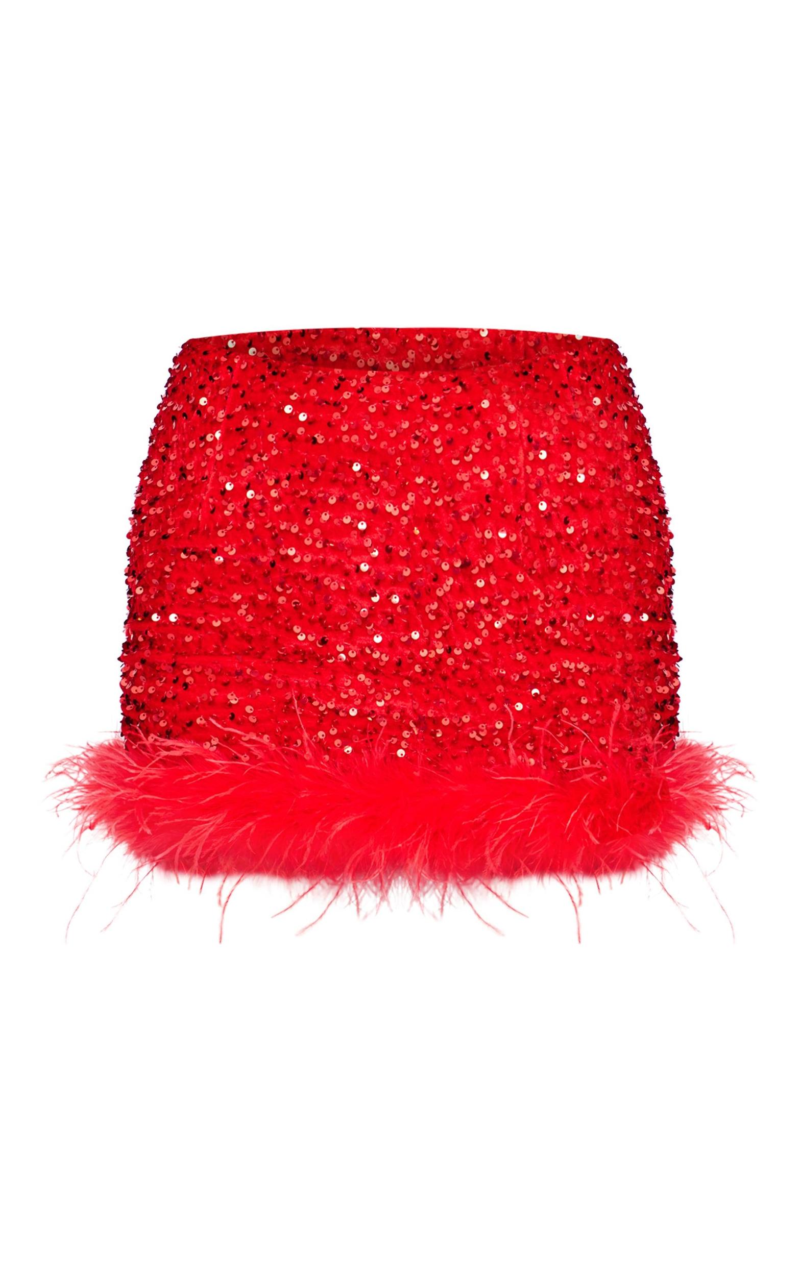 Red Premium Velvet Sequin Feather Hem Mini Skirt Product Image