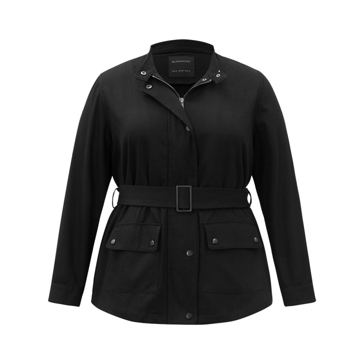 Plus Size Cotton Solid Belted Flap Pocket Coat Women Black Casual Plain Ladies Dailywear Winter Coats BloomChic 14-16/1X Product Image