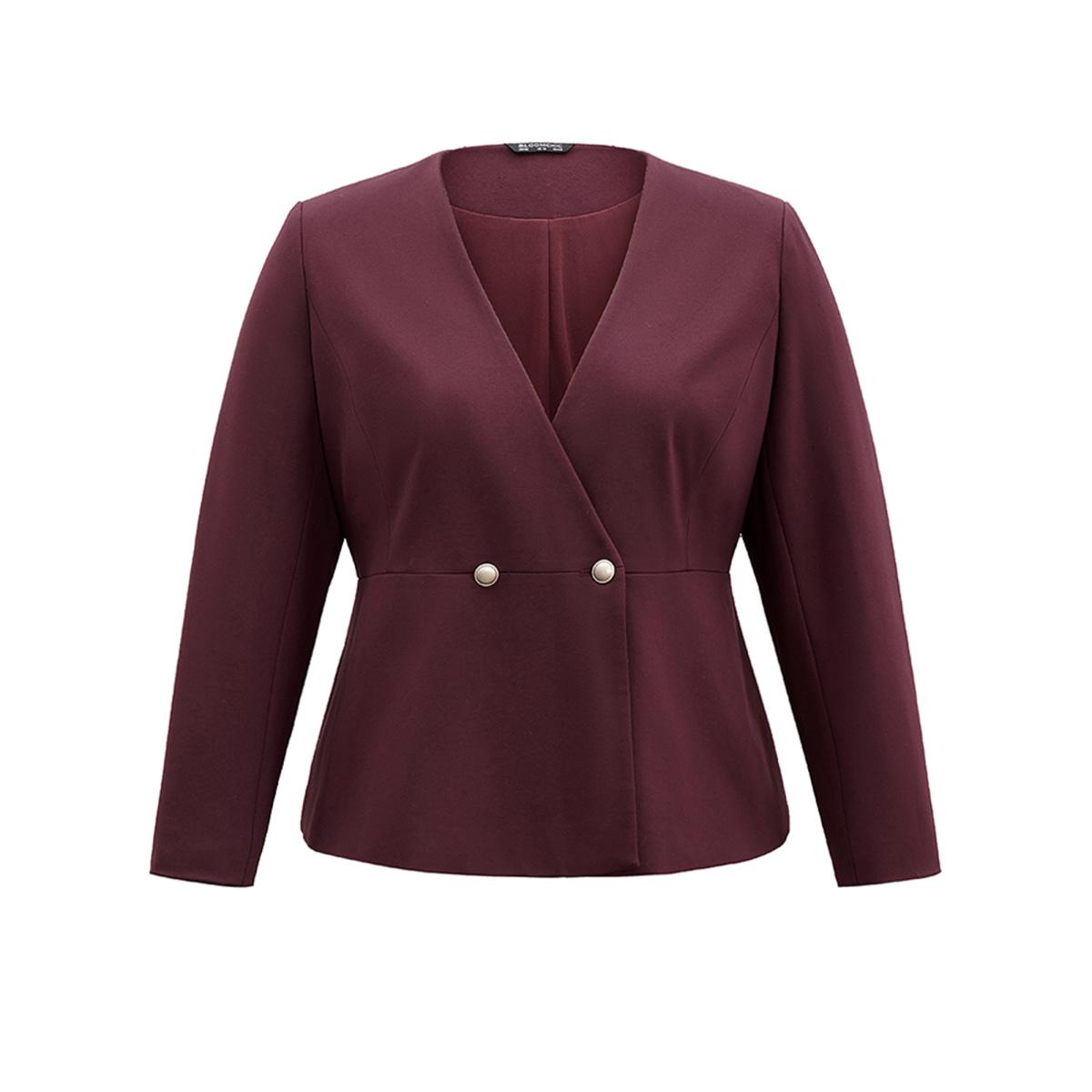 Plus Size Plain Deep V Neck Buckle Detail Blazer Burgundy Women Office Plain Sleeve Long Sleeve Deep V-neck 12/L Office Blazers BloomChic Product Image