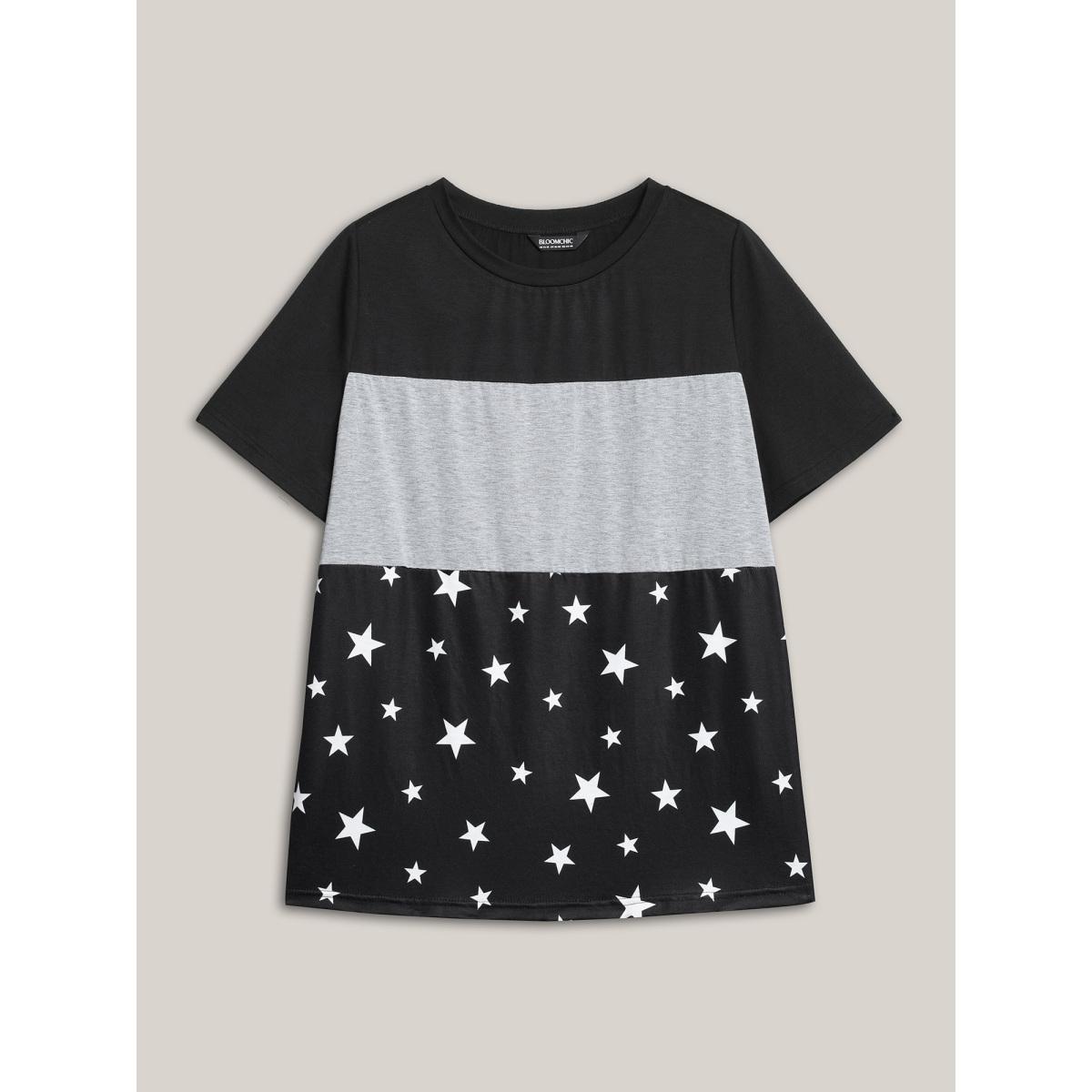 Plus Size Starry Color-Block Stretchy T-Shirt Black Women Casual Contrast Round Neck Everyday T-shirts BloomChic 10/M Product Image