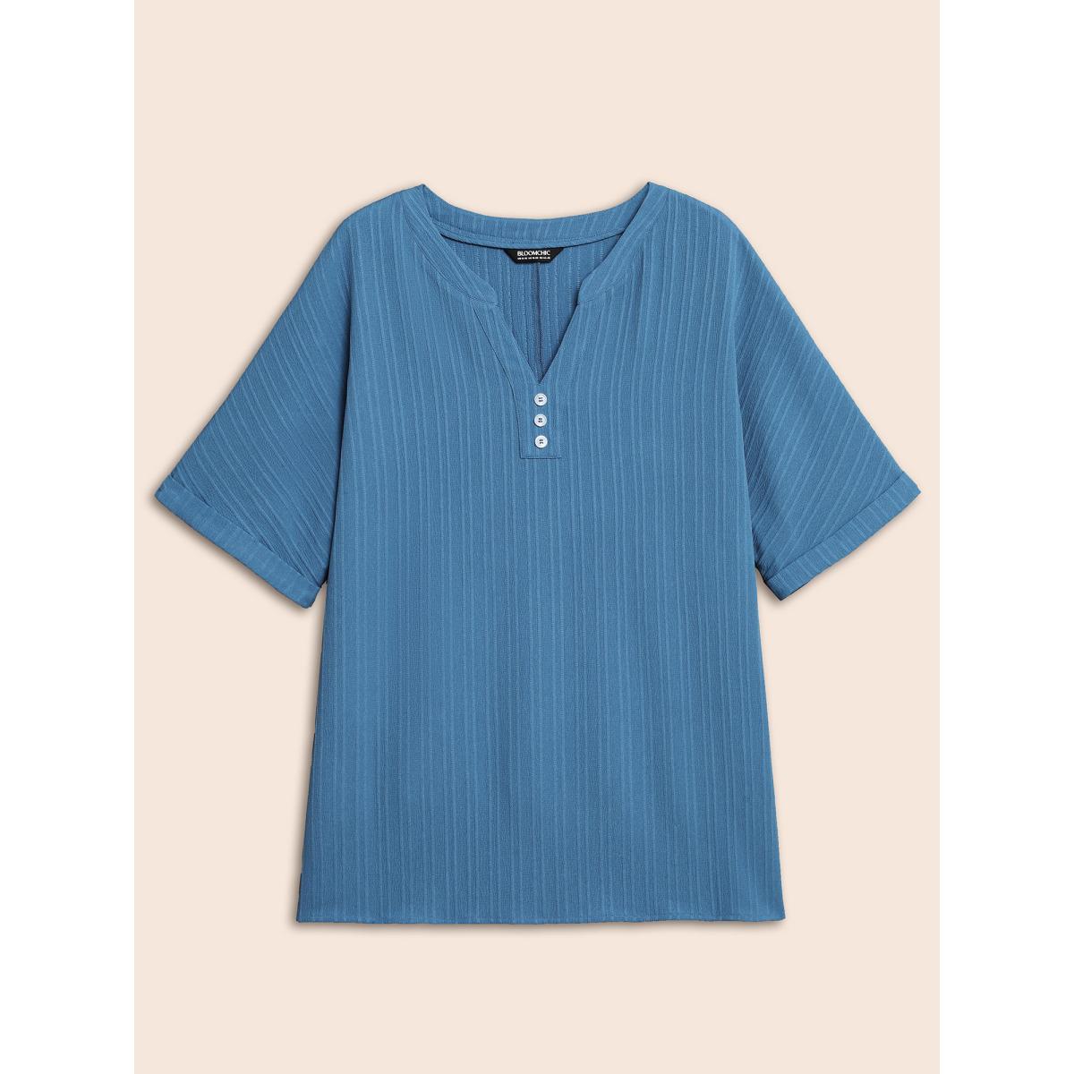 Plus Size Cerulean Notched Collar Textured Button Blouse Women Elegant Short sleeve V-neck Everyday Blouses BloomChic 12/L Product Image