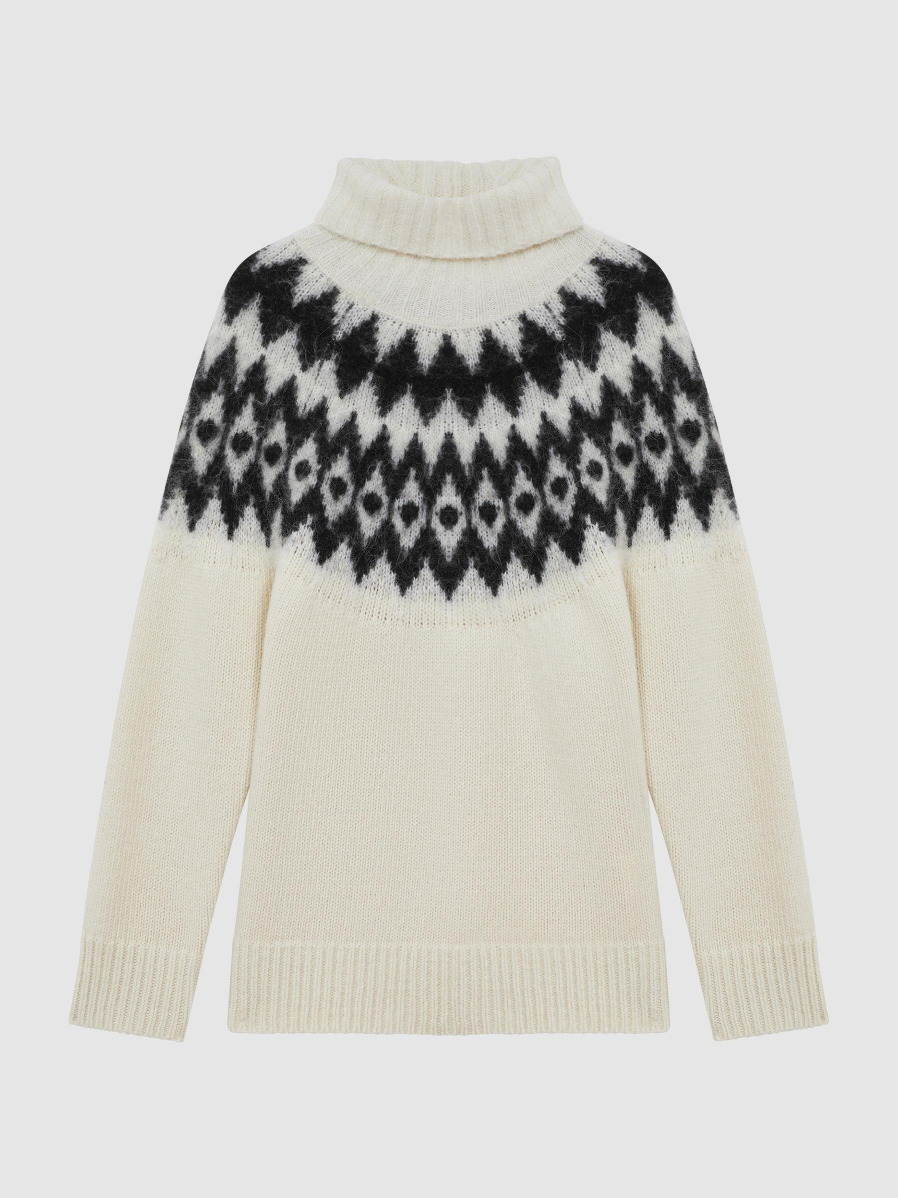 Wool-Cashmere Blend Fairisle Pattern Roll Neck Jumper in Cream/Black Product Image