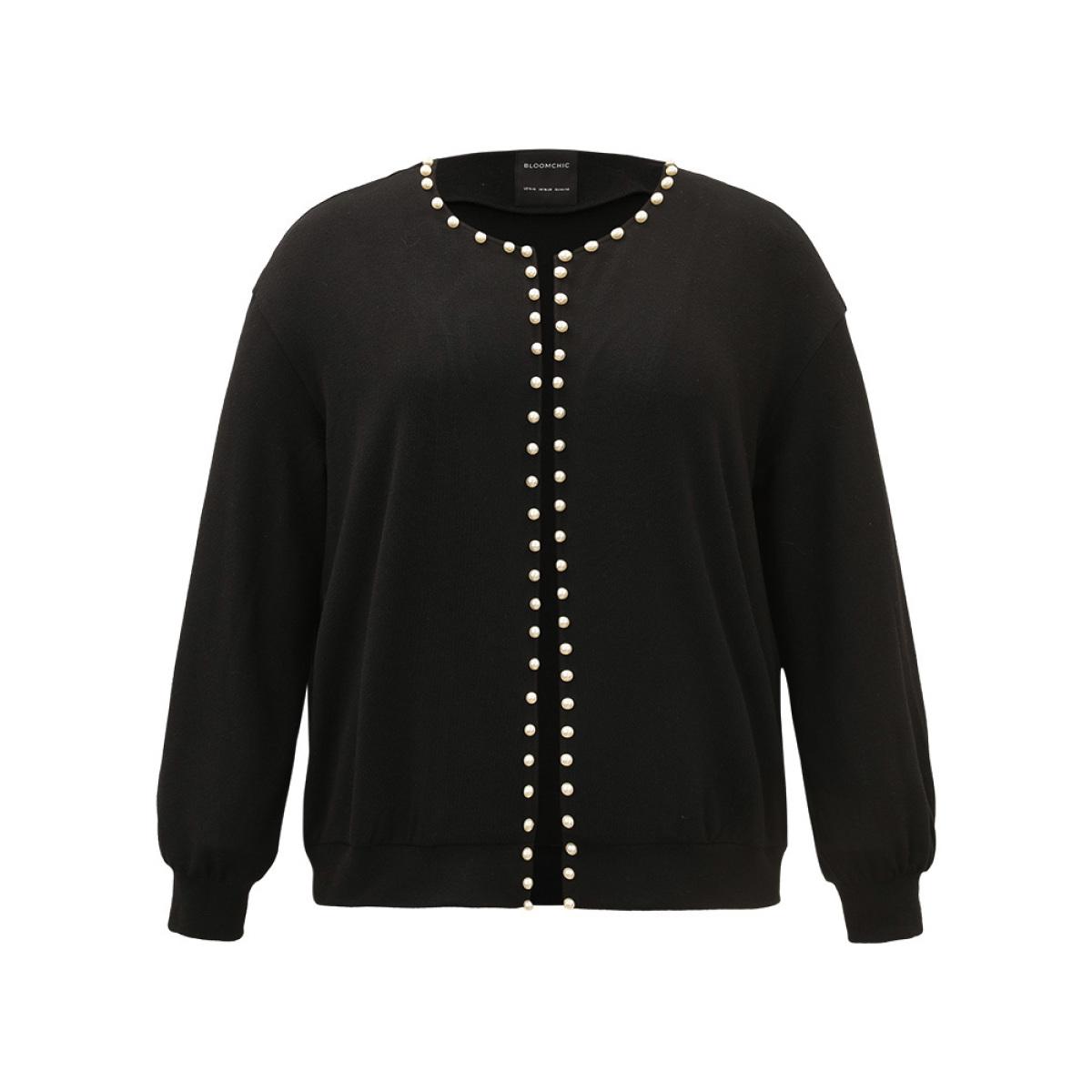 Plus Size Solid Pearl Beaded Open Front Coat Women Black Elegant Beaded Ladies Dailywear Winter Coats BloomChic 18-20/2X Product Image