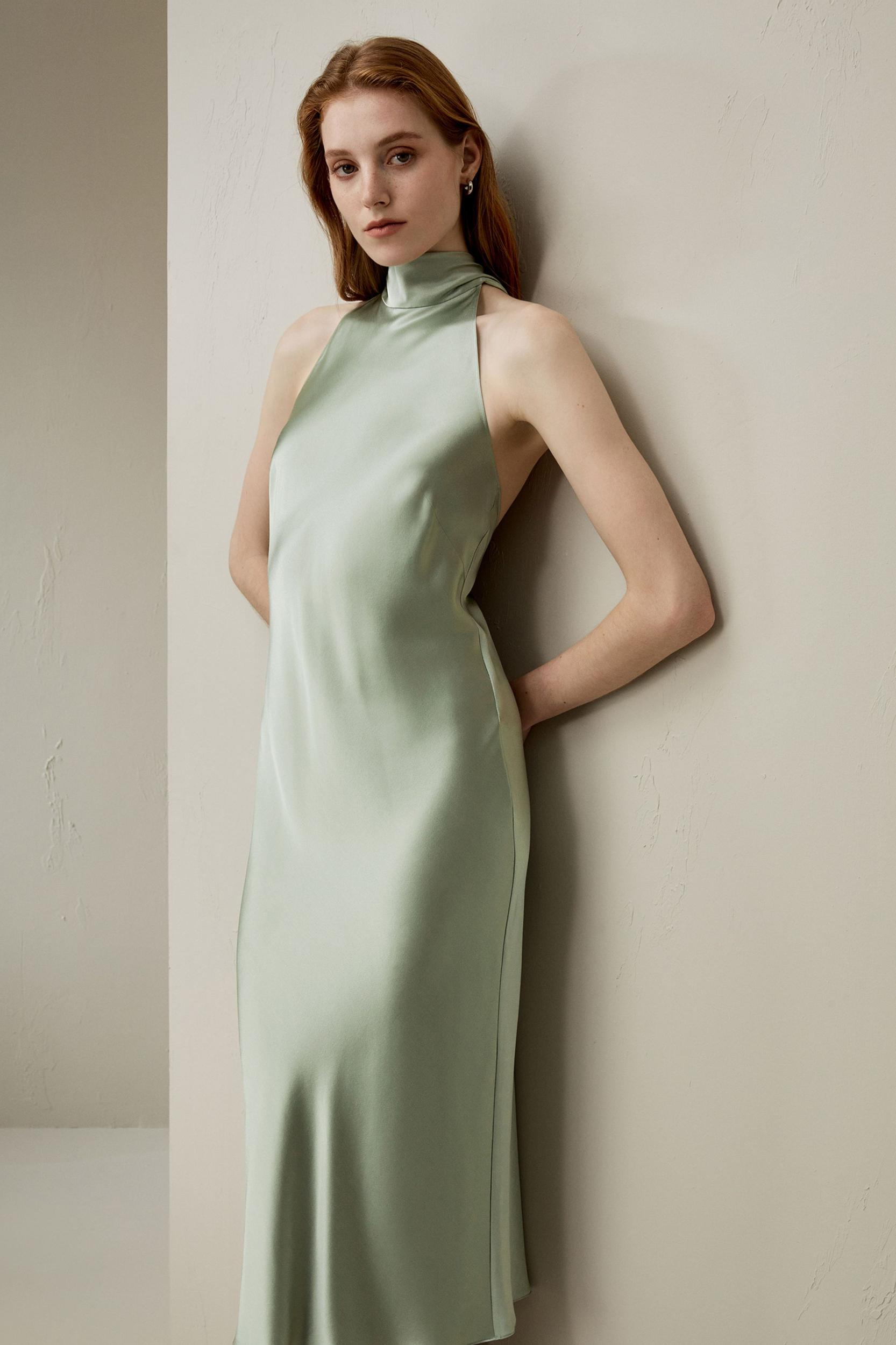 LILYSILK Women's Silk Charmeuse Elegant Halter Neck Open Back Dress Aqua Green 0 Product Image