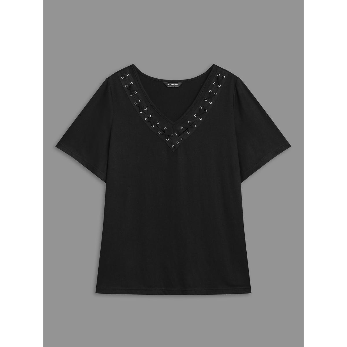 Plus Size Stretchy V-Neck Hollow Fitted T-Shirt Black Women Casual Eyelet V-neck Everyday T-shirts BloomChic 28/5X Product Image