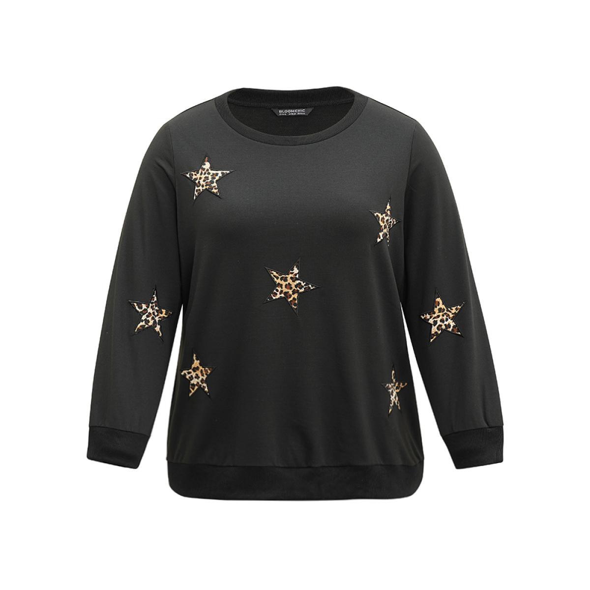 Plus Size Leopard Star Rib Knit Crew Neck Sweatshirt Women Black Casual Rib Knit Round Neck Dailywear Sweatshirts BloomChic 26/4X Product Image