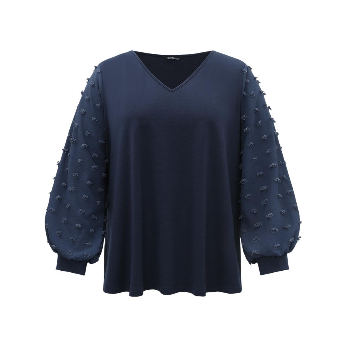 Plus Size Solid V Neck Patchwork Elastic Cuffs Sweatshirt Women Blue Elegant Elastic cuffs V-neck Dailywear Sweatshirts BloomChic 18-20/2X Product Image