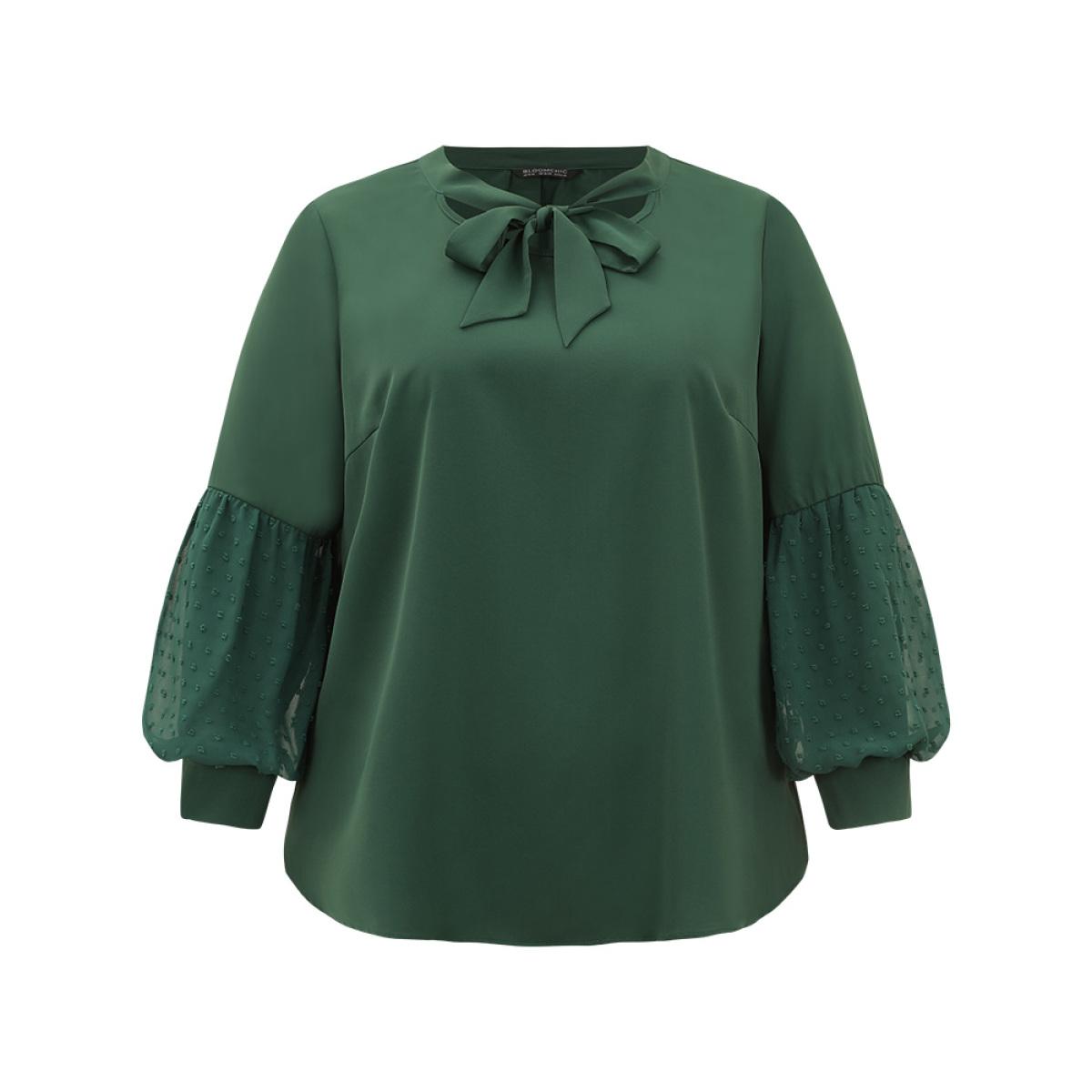 Plus Size DarkGreen Knot Neck Lace Patchwork Lantern Sleeve Blouse Women Office Long Sleeve Tie Neck Office Blouses BloomChic 14-16/1X Product Image