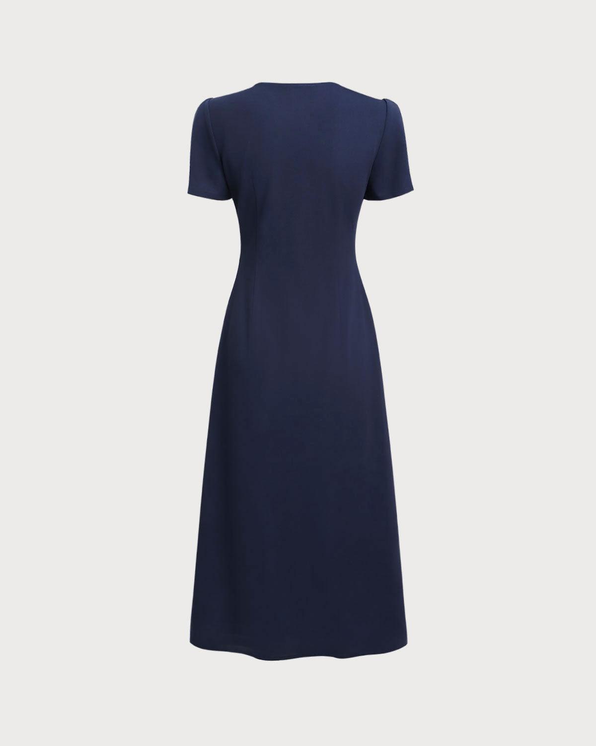 Blue V Neck Button Pleated Midi Dress Product Image