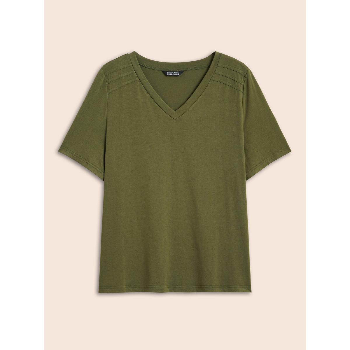 Plus Size V Neck Pleated Stretchy T-shirt ArmyGreen Women Casual Pleated V-neck Everyday T-shirts BloomChic 14-16/1X Product Image