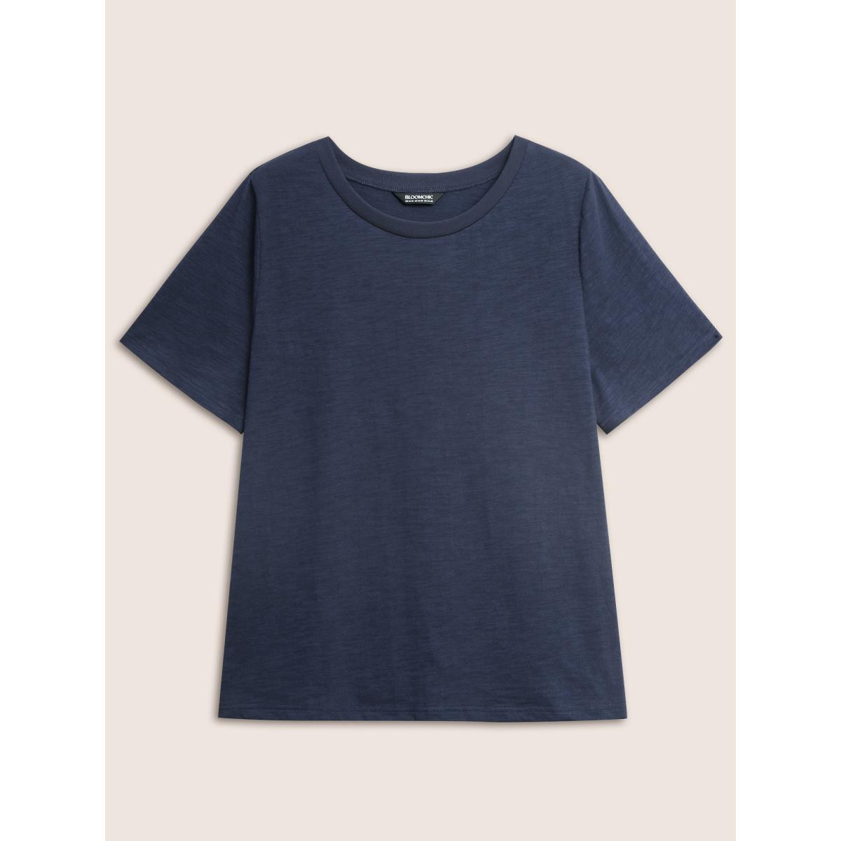 Plus Size Cotton Solid Crew Neck Pit Strip T-shirt Indigo Women Basics Non Round Neck Everyday T-shirts BloomChic 12/L Product Image