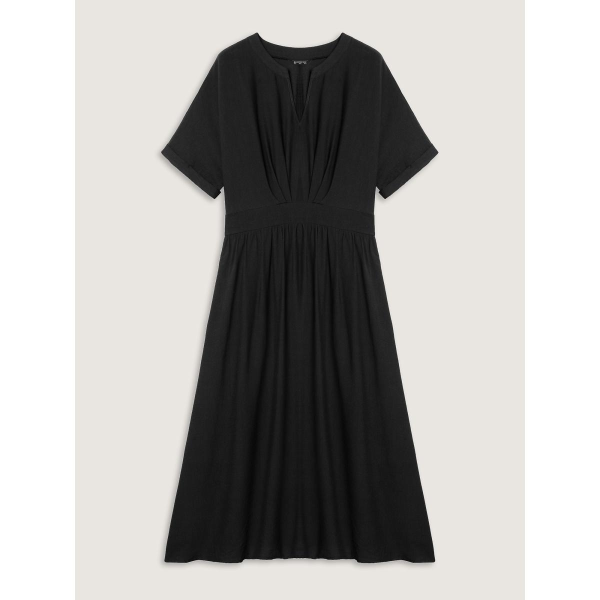 Plus Size Pleated Cinched Waist Solid Midi Dress Black Women V-neck Half Sleeve Curvy BloomChic 14-16/1X Product Image