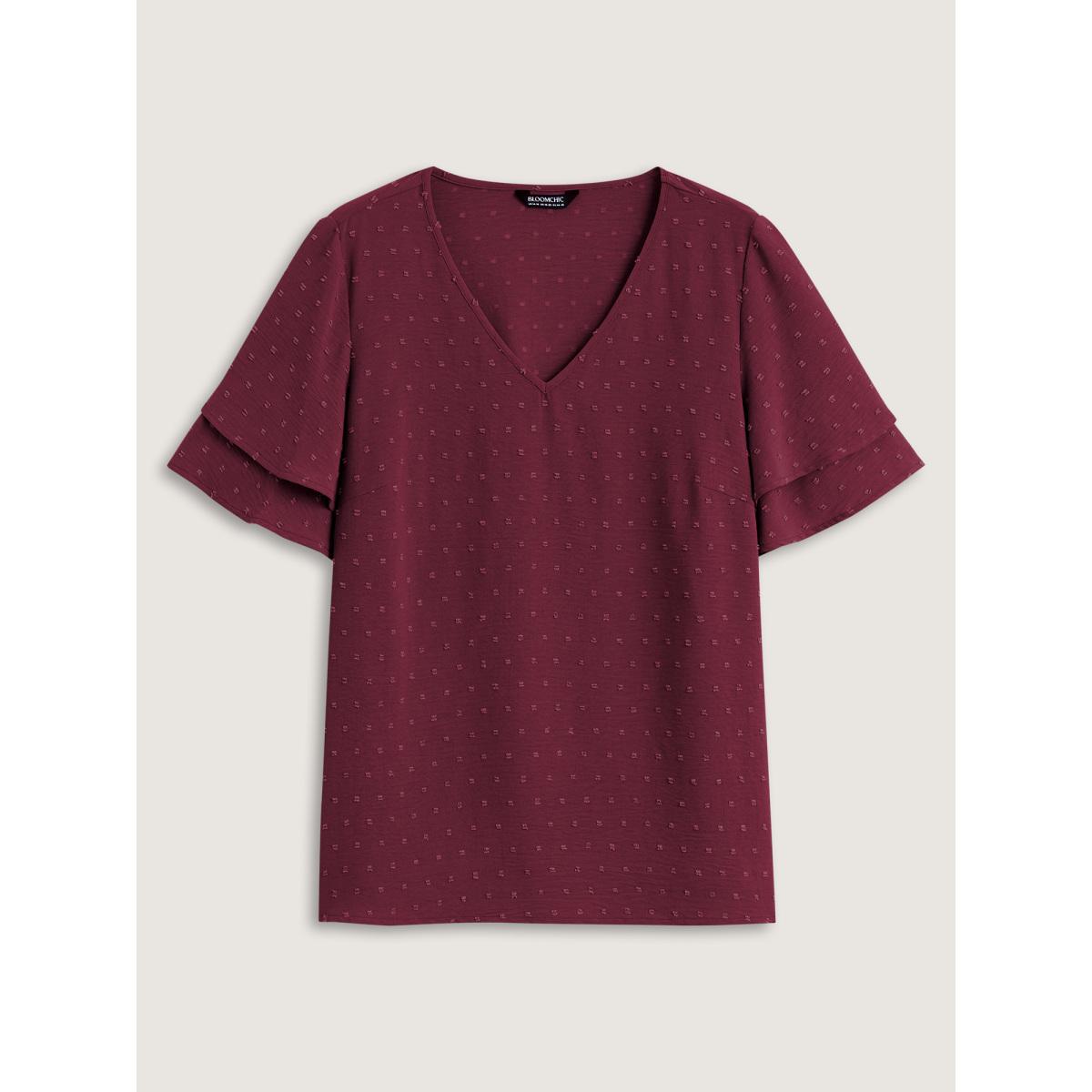 Plus Size Burgundy Plain Ruffle Tiered Sleeve V Neck Polka Dot Blouse Women Timeless Short sleeve V-neck Elegant Blouses BloomChic 30/6X Product Image