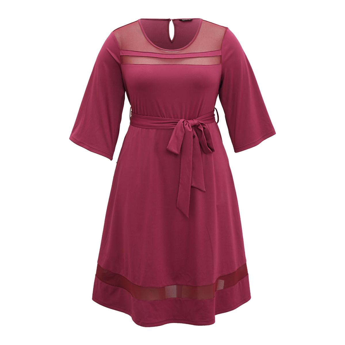 Plus Size Patchwork Mesh Pocket Belted Dress Burgundy Women Elegant See through Round Neck Elbow-length sleeve Curvy Midi Dress BloomChic 26/4X Product Image