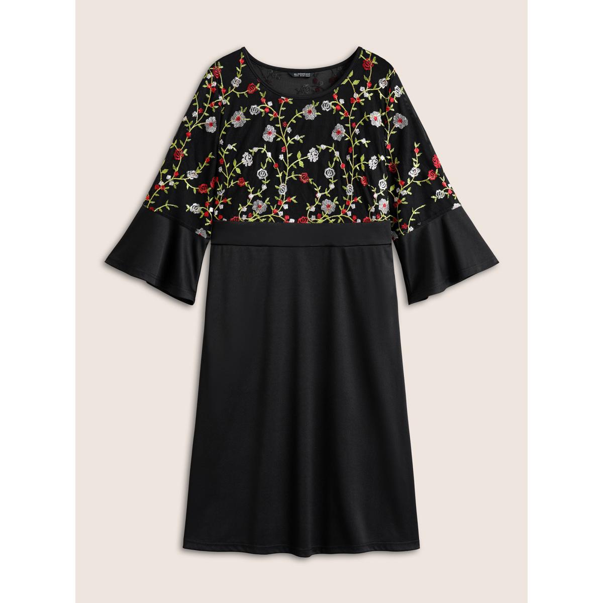 Plus Size Floral Embroidered Pocket Mesh Patchwork Dress Black Women Cocktail Non Round Neck Elbow-length sleeve Curvy Midi Dress BloomChic 26/4X Product Image
