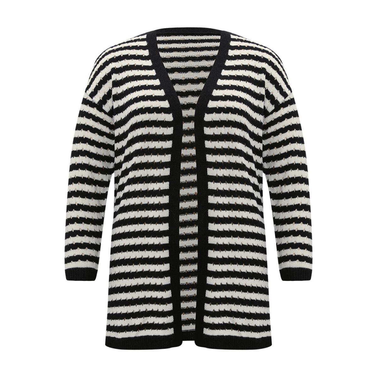 Plus Size Striped Geo Eyelet Drop Shoulder Cardigan Black Women Casual Loose Long Sleeve Dailywear Cardigans BloomChic 22-24/3X Product Image