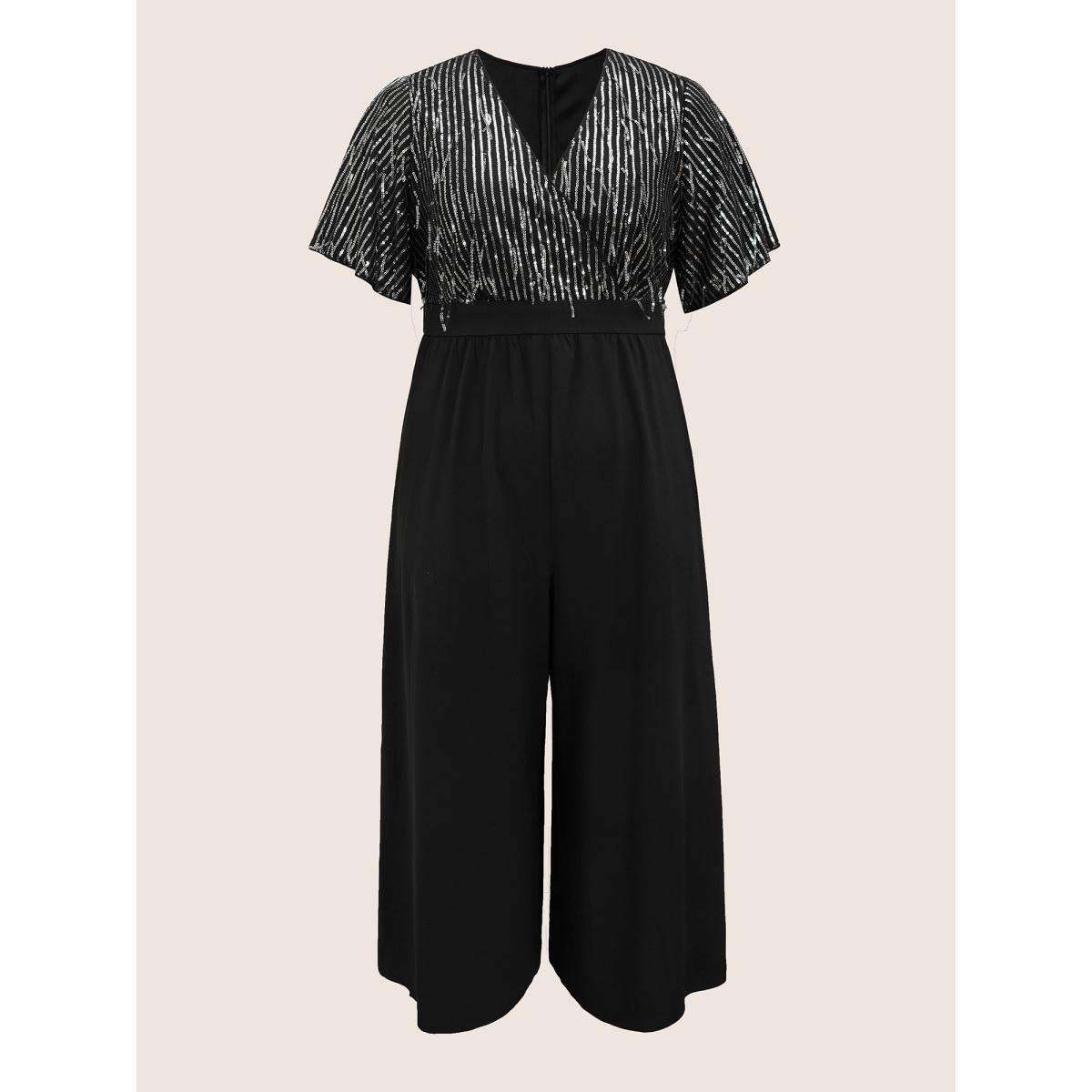 Plus Size Black V Neck Sequins Tassel Detail Wrap Jumpsuit Women Cocktail Short sleeve V-neck Party Loose Jumpsuits BloomChic 18-20/2X Product Image