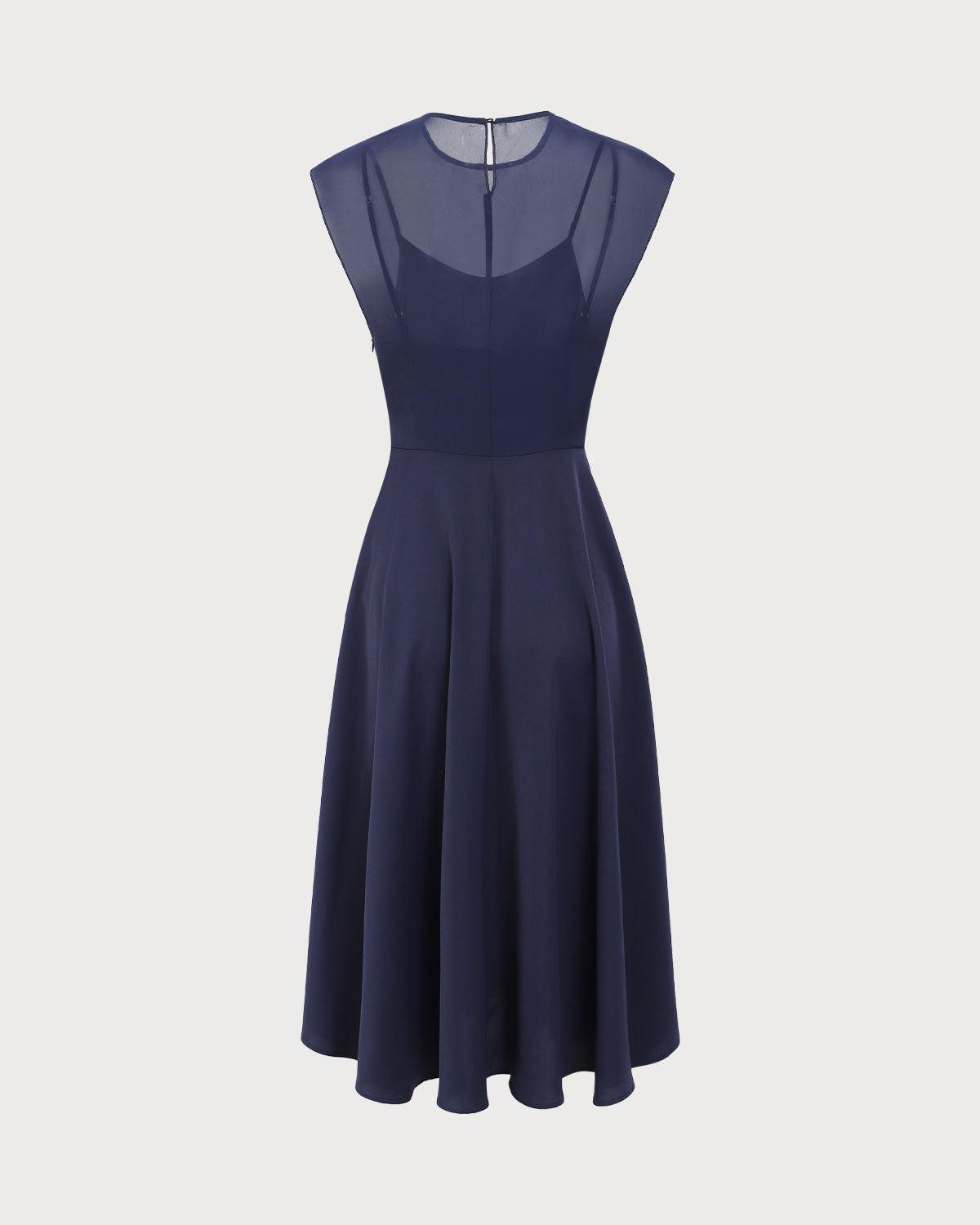Navy See-through Cap Sleeve Midi Dress Product Image