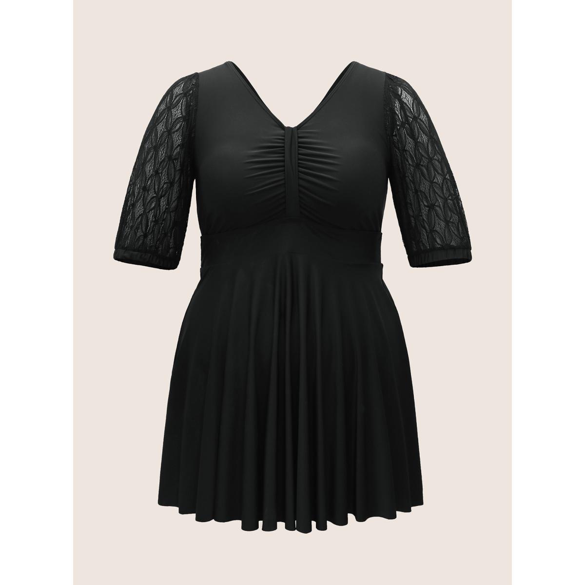 Plus Size Crochet Lace Mesh Texture Ruched Swim Dress Women's Swimwear Black Beach Bodycon Heart neckline High stretch Curve Swim Dresses BloomChic 10/M Product Image