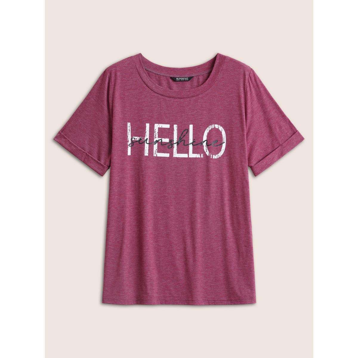 Plus Size Letter Print Round Neck Roll Sleeve T-shirt Burgundy Women Casual Non Positive slogan Everyday T-shirts BloomChic 18-20/2X Product Image