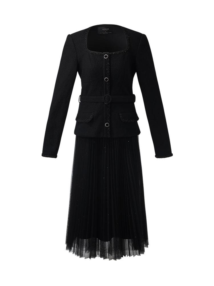 Wool Crop Jacket And Tulle Skirt Two-Piece Set With Belt Product Image