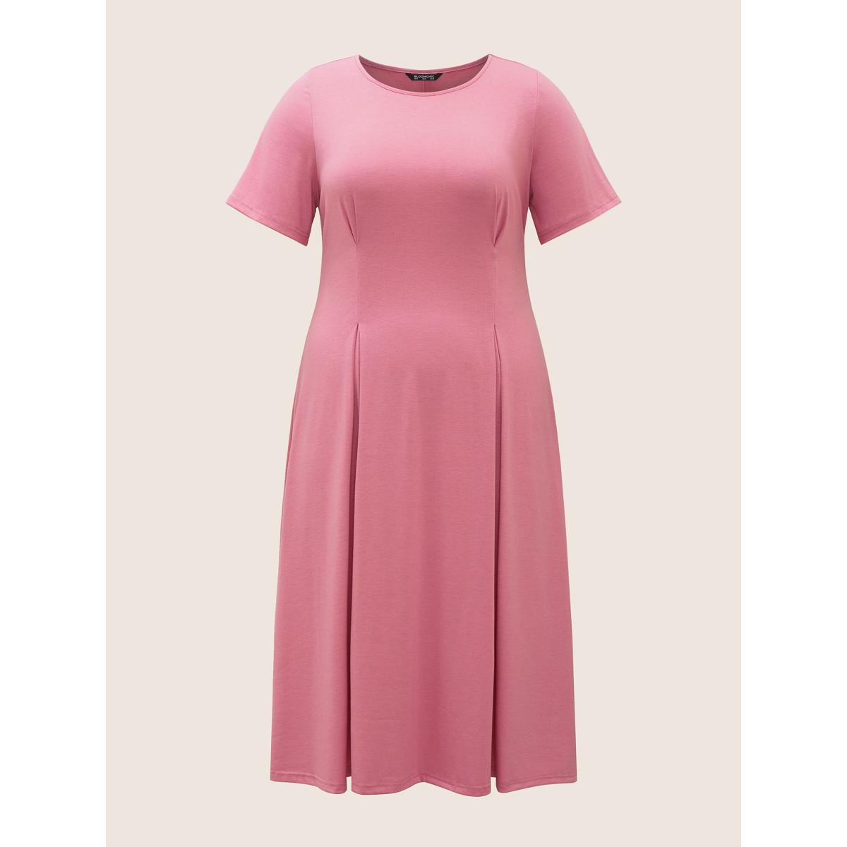Plus Size Solid Crew Neck Plicated Detail Dress Beanpastepowder Women Casual Pleated Round Neck Short sleeve Curvy BloomChic 14-16/1X Product Image