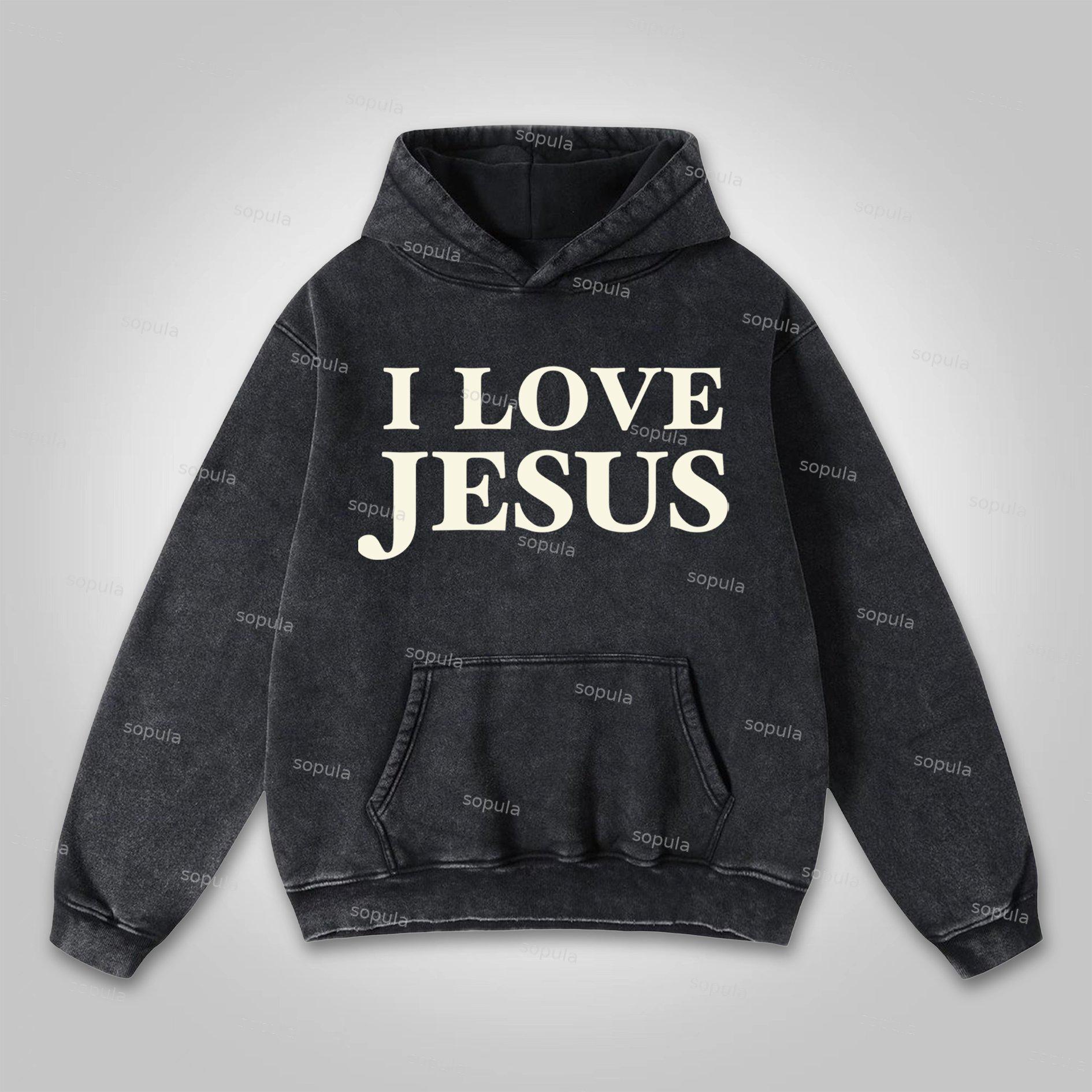 Sopula I Love Jesus. Jesus Loves The World Graphics Washed Distressed Pocket Hoodie Product Image