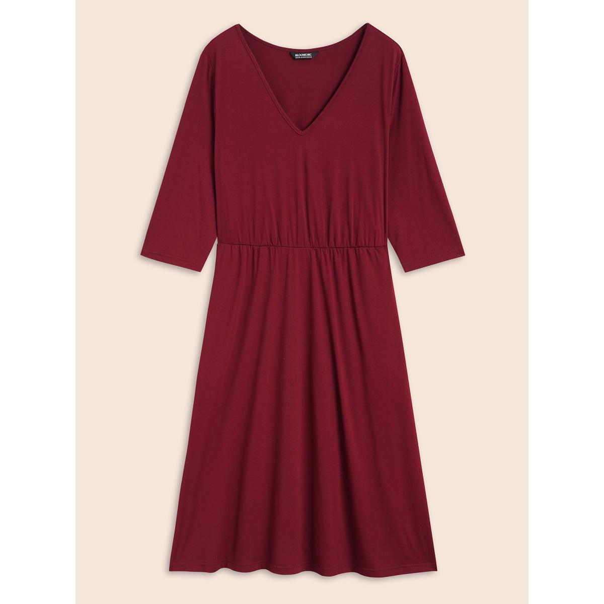 Plus Size Solid V Neck Elastic Waist Midi Dress Burgundy Women Casual Non V-neck Elbow-length sleeve Curvy BloomChic 10/M Product Image