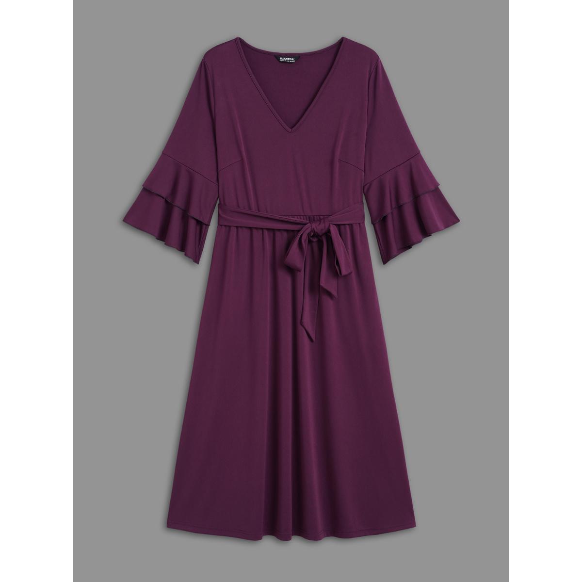 Plus Size Tiered Ruffles Belted Stretchy Waist Dress Deeppurplered Women At the Office Belted Knit Dresses Bloomchic 26/4X Product Image