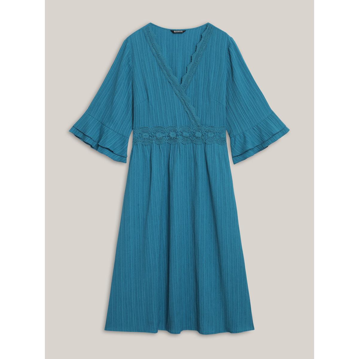 Plus Size Scalloped Lace Surplice Ruffled Midi Dress Teal Women Boho Overlap Collar Elbow-length sleeve Curvy BloomChic 10/M Product Image