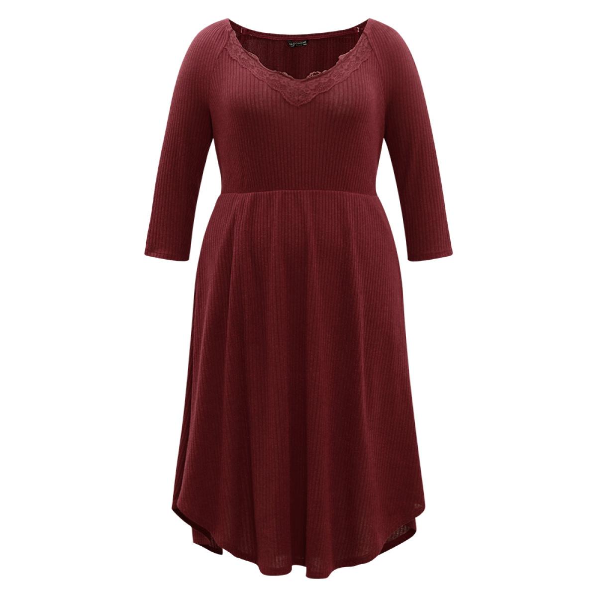 Plus Size Solid Rib Knit Lace Insert Dress Burgundy Women Elegant Rib Knit V-neck Long Sleeve Curvy Midi Dress BloomChic 18-20/2X Product Image