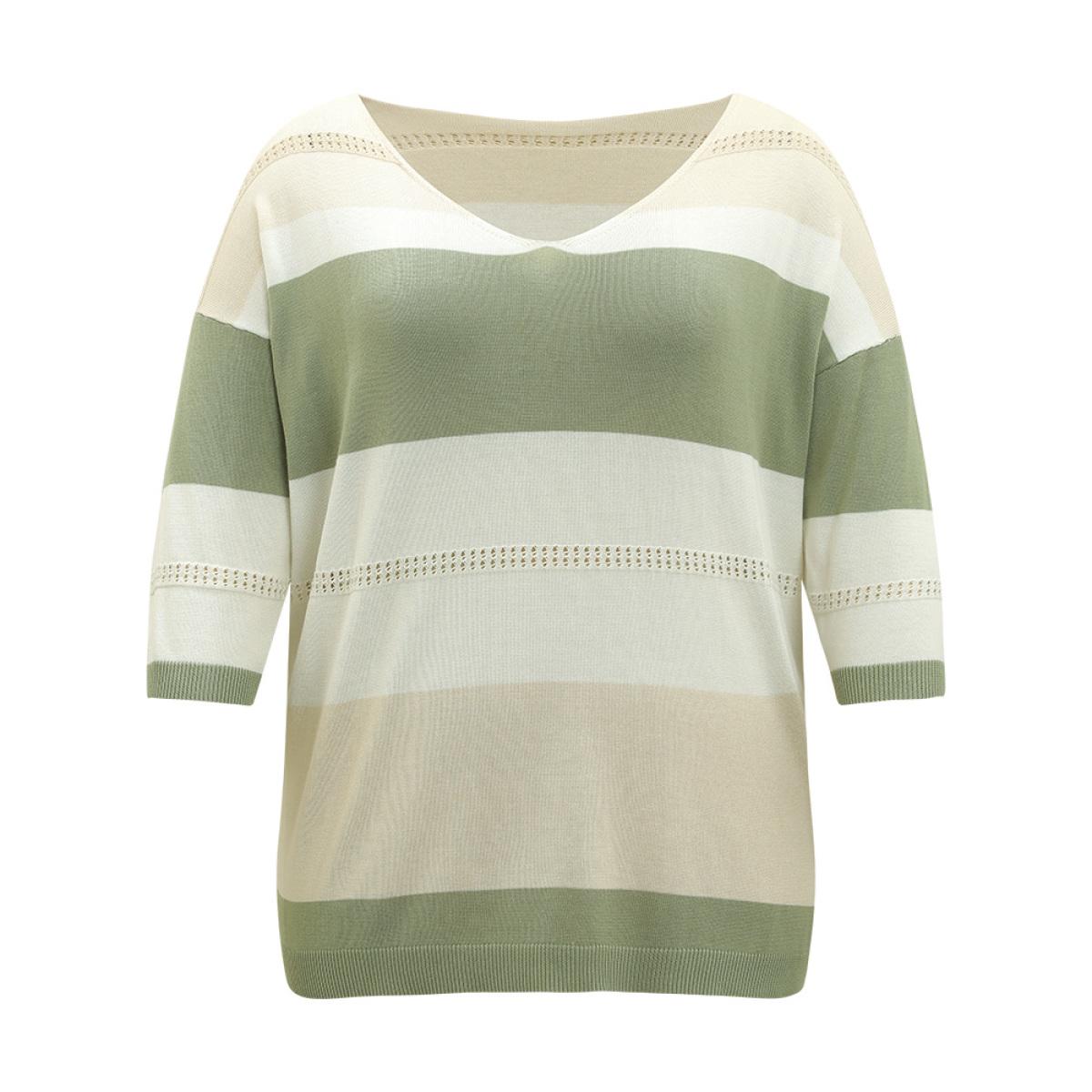 Plus Size Supersoft Essentials Colorblock Eyelet Batwing Sleeve Pullover Multicolor Women Casual Loose Long Sleeve V-neck Dailywear Pullovers BloomChic 28/5X Product Image