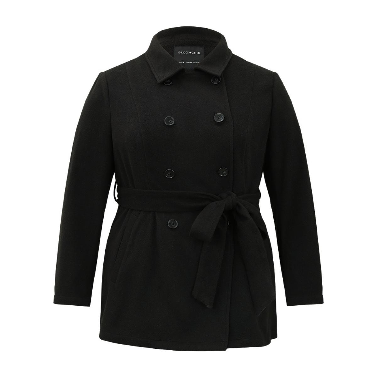 Plus Size Plain Belted Double Breasted Pocket Coat Women Black Casual Plain Ladies Dailywear Winter Coats BloomChic 26/4X Product Image