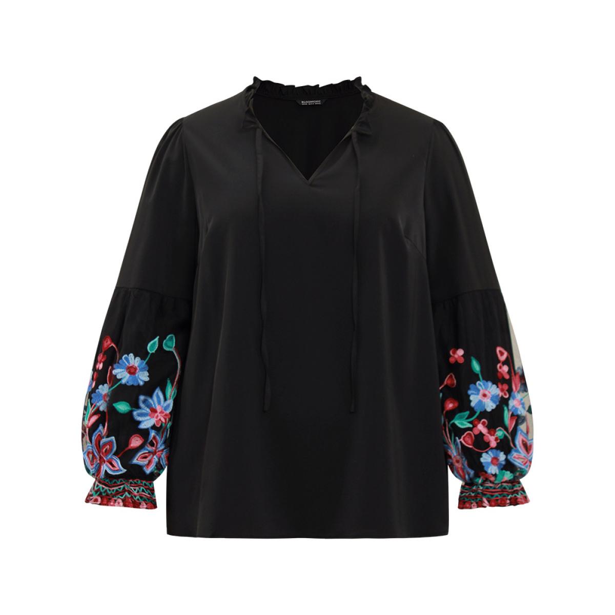 Plus Size Black Floral Embroidered Mesh Tie Neck Ruffles Blouse Women Elegant Long Sleeve Tie Neck Party Blouses BloomChic 10/M Product Image
