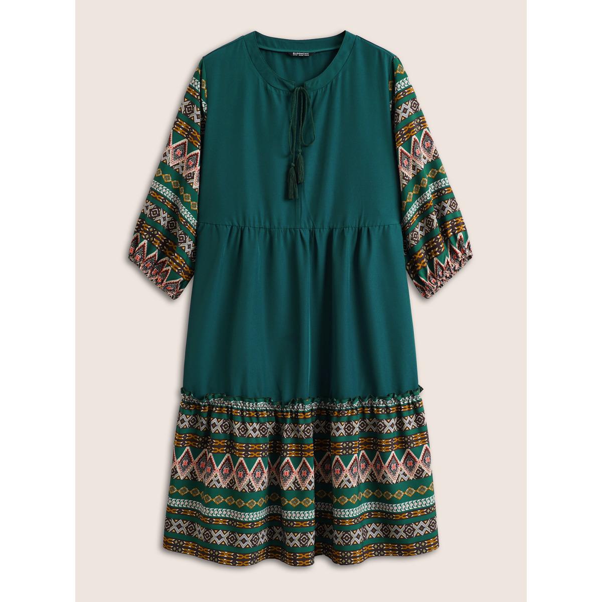 Plus Size Bandana Patchwork Knot Neck Tassel Trim Dress Green Women Resort Non V-neck Elbow-length sleeve Curvy Midi Dress BloomChic 22-24/3X Product Image