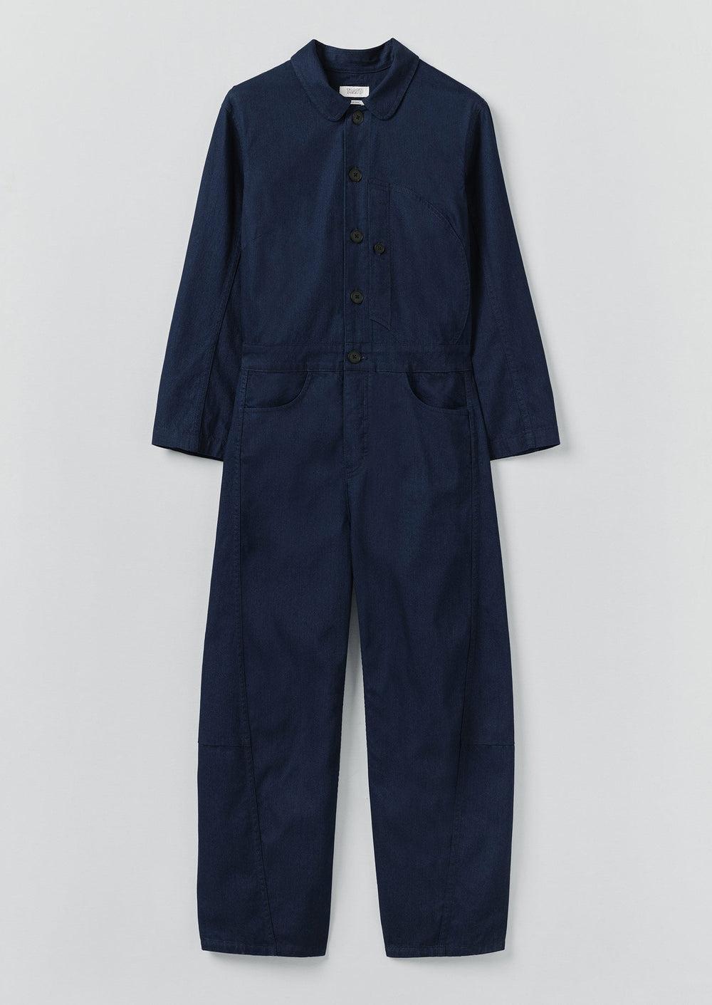 Half Placket Cotton Twill Jumpsuit | Indigo Product Image